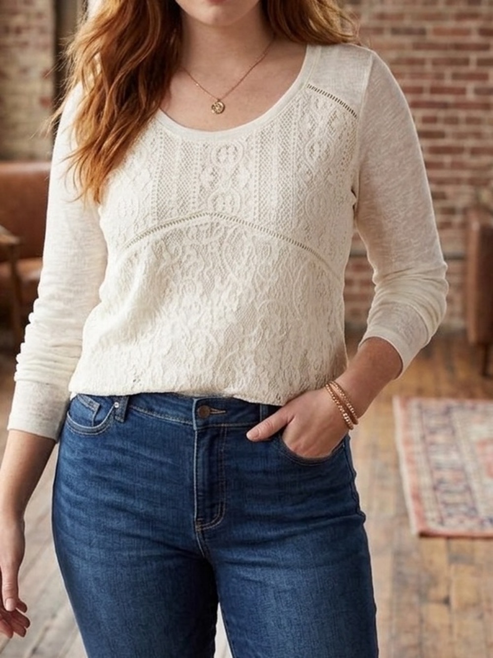 🔥$10 FINAL PRICE🔥 NWT Arizona Jean Co Cream Lace Long Sleeve Blouse Scoop Neck❤️